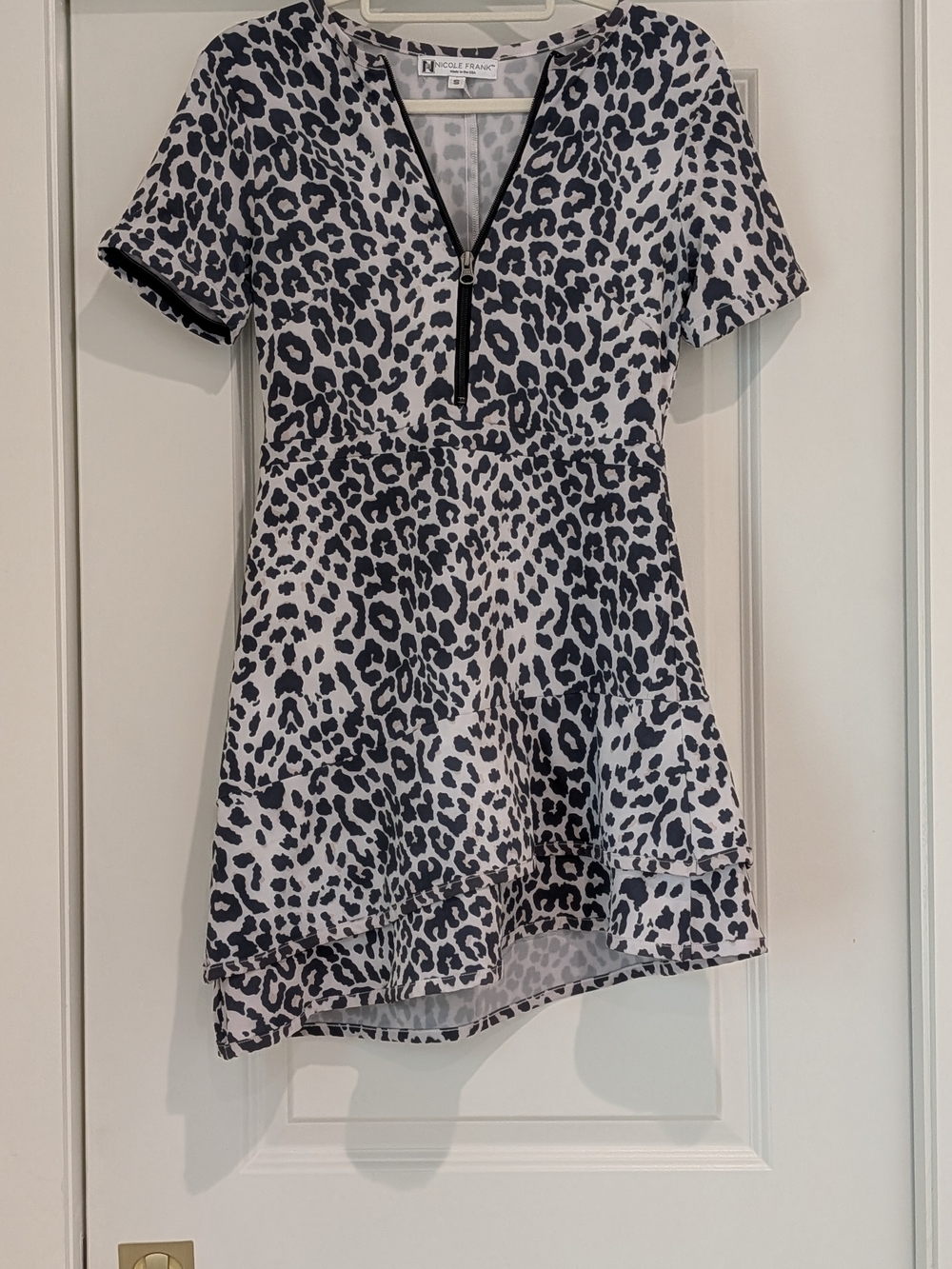 Nicole Frank Athletic Black and White Leopard Asymmetrical Front Zip Dress